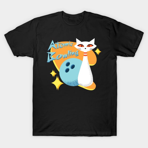 Atomic Cat in Mid-Century Modern Bowling Design T-Shirt by ksrogersdesigns